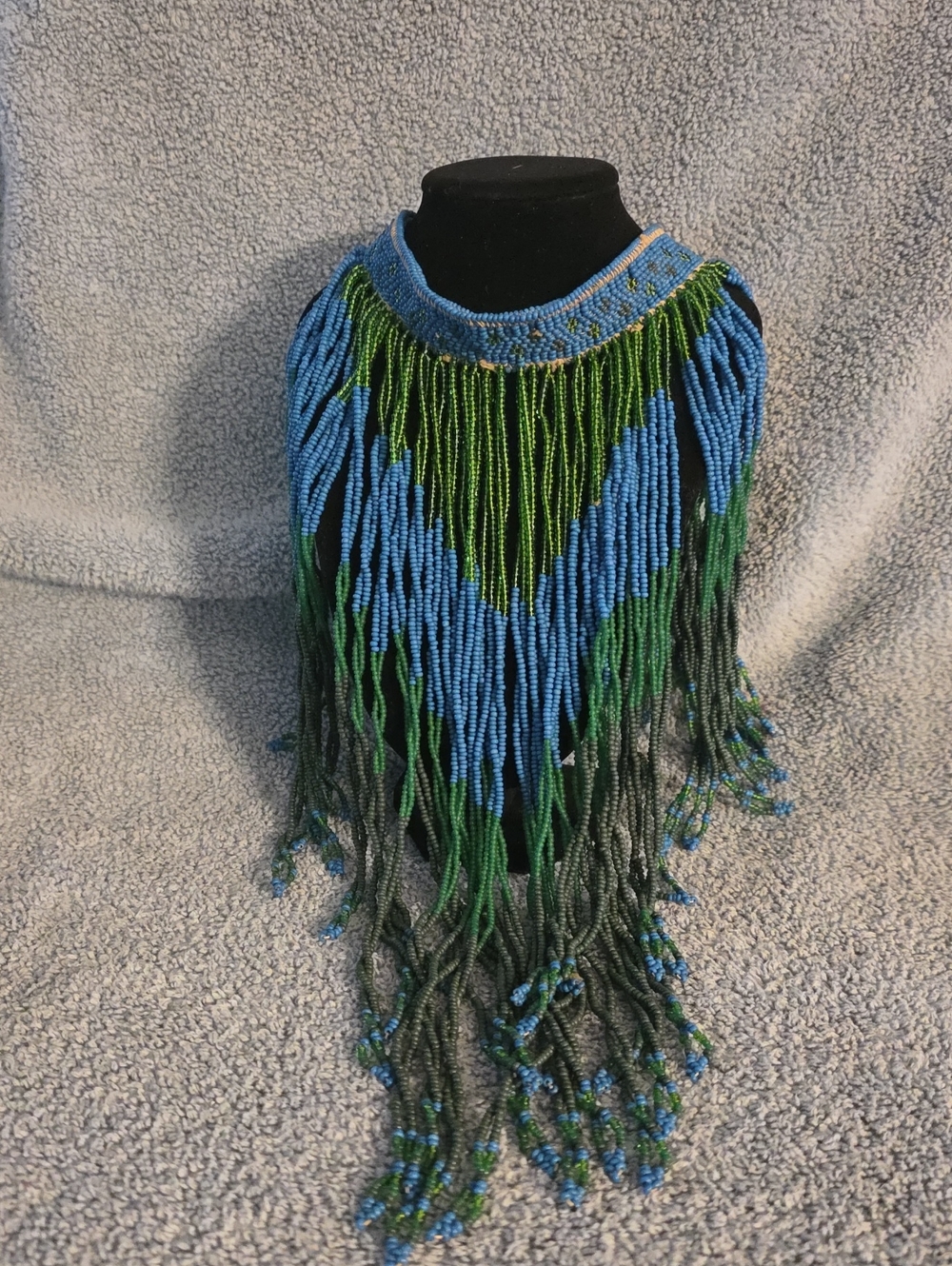 Handmade Blue & Green Beaded Fringe Statement Necklace